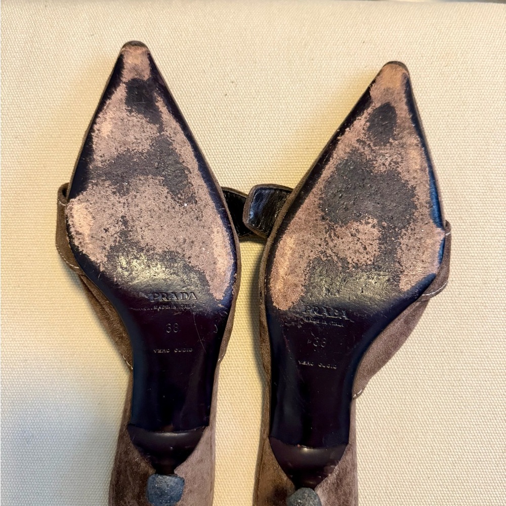 Prada suede pointed kitten heel mules in brown with silver accents - Picture 3 of 7